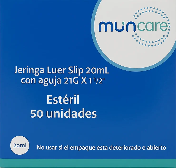 Jeringa 20ml Luer Slip con Aguja 21G Muncare - Pack de 50 Unidades